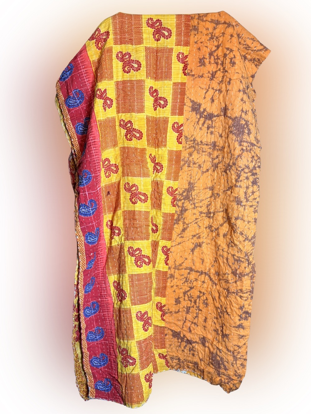 Handcrafted Multi-Color Kantha Quilt: Yellow, Orange & Red